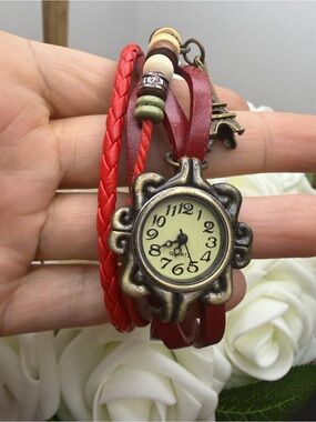Vintage-Inspired Red Leather Wrap Watch Bracelet with Eiffel Tower Charm